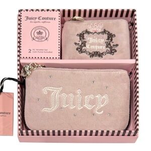 JUICY COUTURE Heritage Pink Velour Wristlet Pouch And Coin Purse Set NWT